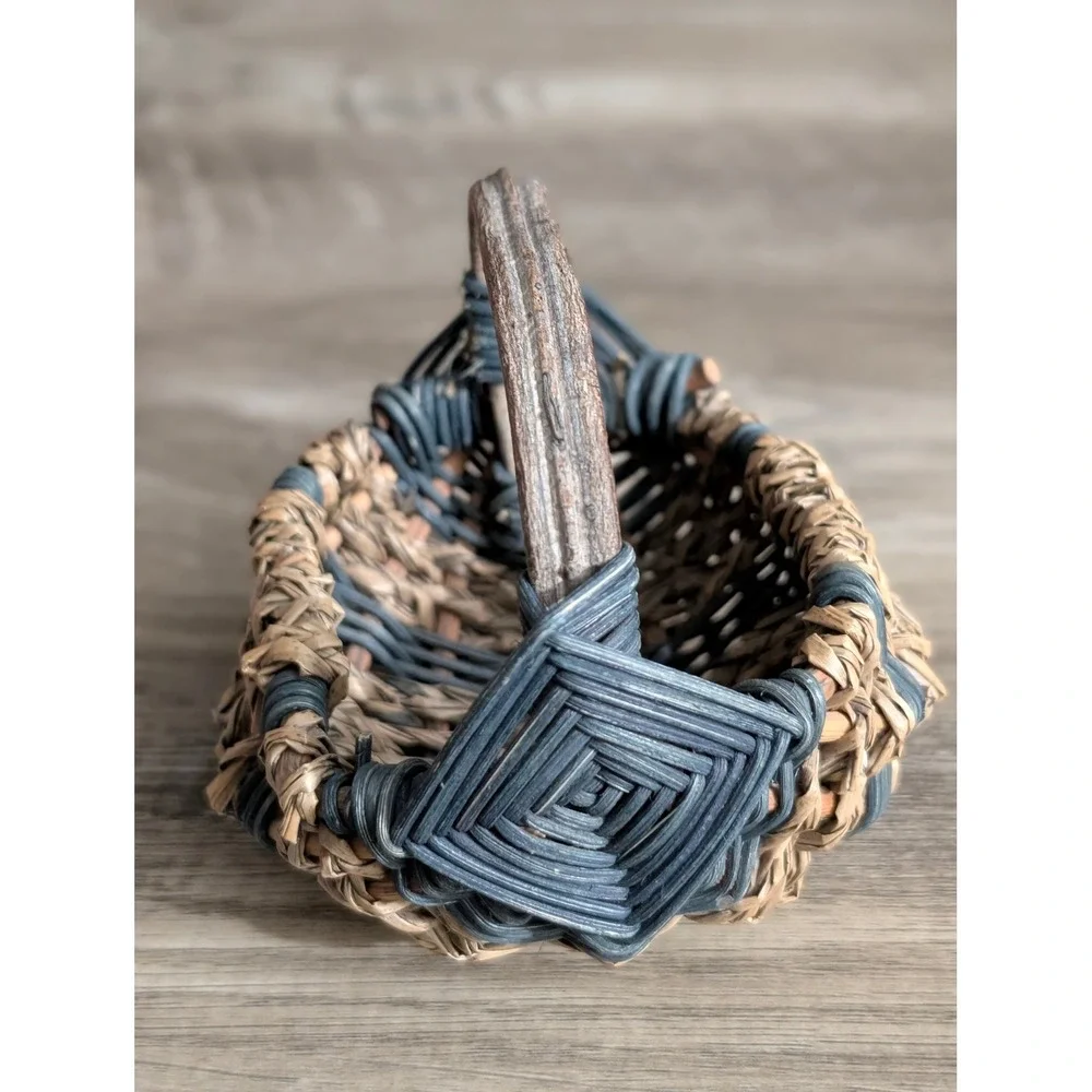 Vintage Miniature Woven Basket Blueish Green & Brown Seagrass Twig Handle Rustic
